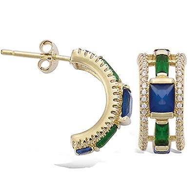 [P1204] - Gold Plated Half Hoop Earrings 'Sissi' Green Blue Gold - 17 Mm 7 Mm
