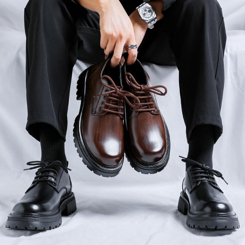 Kožené boty pánské ležérní společenské černé svatební boty britský styl platforma špičkové derby boty 6373-R