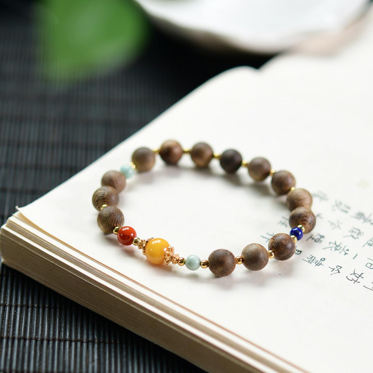 Natural Agarwood & Turquoise Red Agate Amber 925 Silver Bracelet (Oil-Free) Agarwood