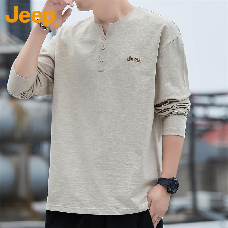 Jeep Men's Long Sleeve T-Shirt Autumn Winter Solid Color Casual Loose Base Shirt Trendy Top Khaki XL