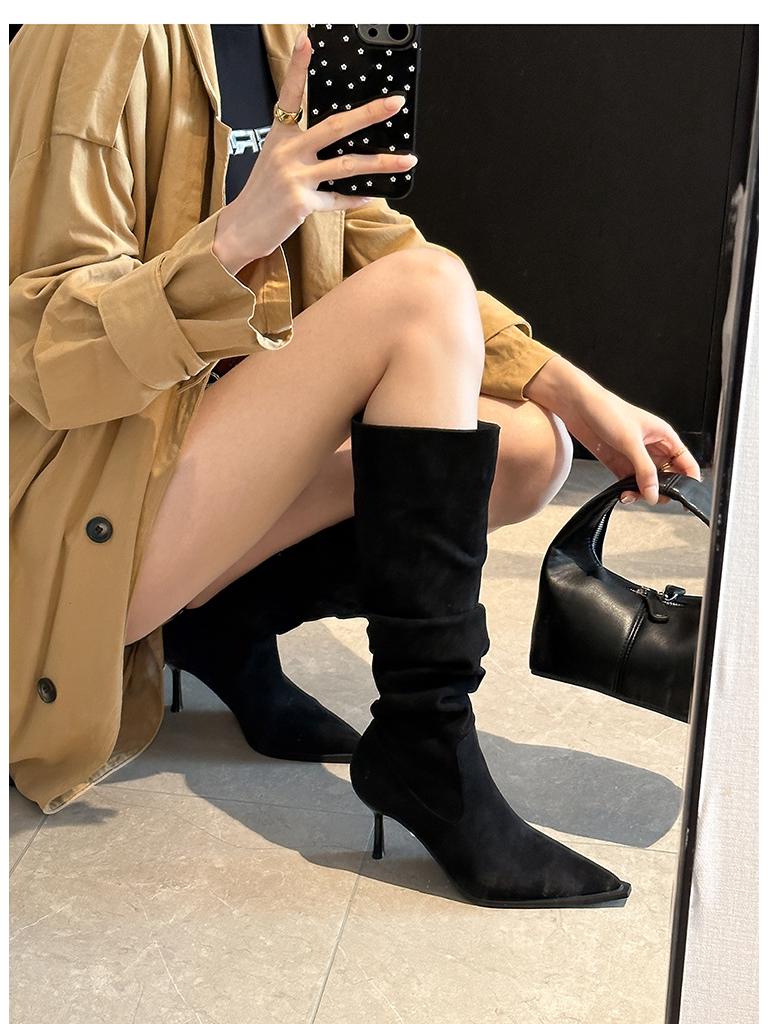 9800-1 Trendy Pointed-Toe Thigh-High Stiletto Boots for Women - Fall/Winter Faux Suede