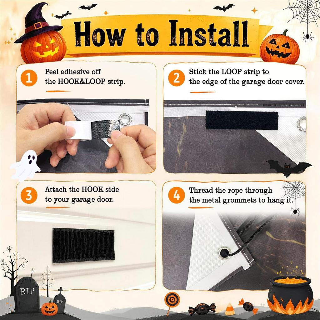 7x16Ft Halloween Garage Door Cover, Halloween Outdoor Decorations Backdrop
