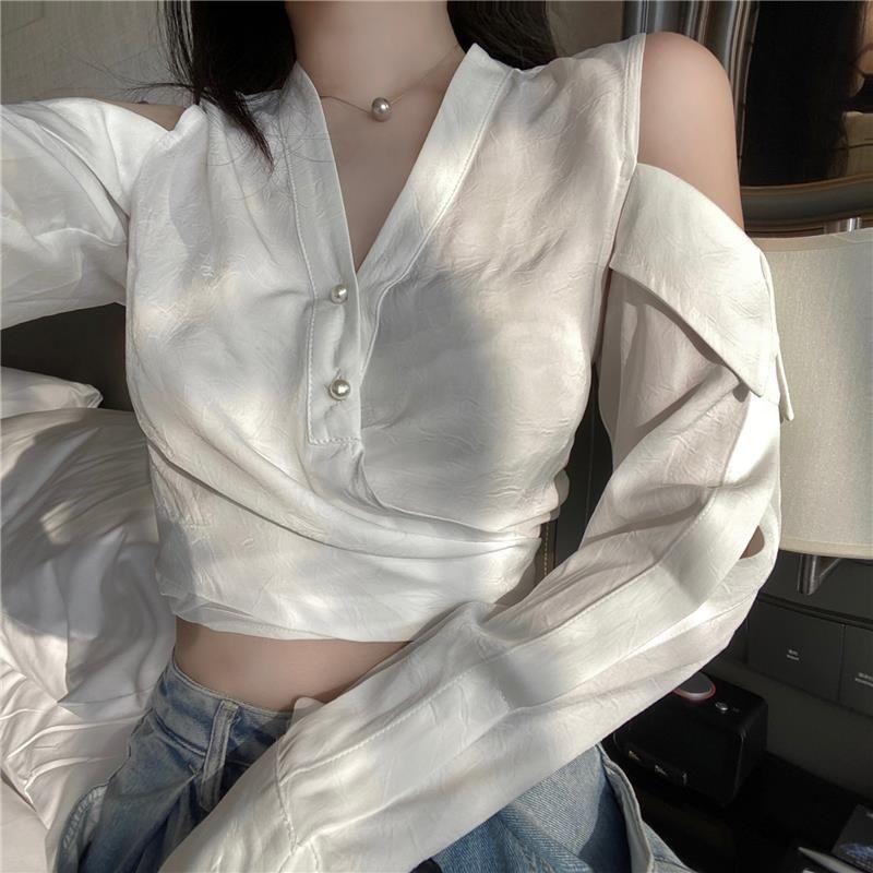 WTEMPO Off Shoulder Women Shirt Sexy V-neck Short French Style Chic Long Sleeve Shirt StreetWear Casual Top Blouse Women