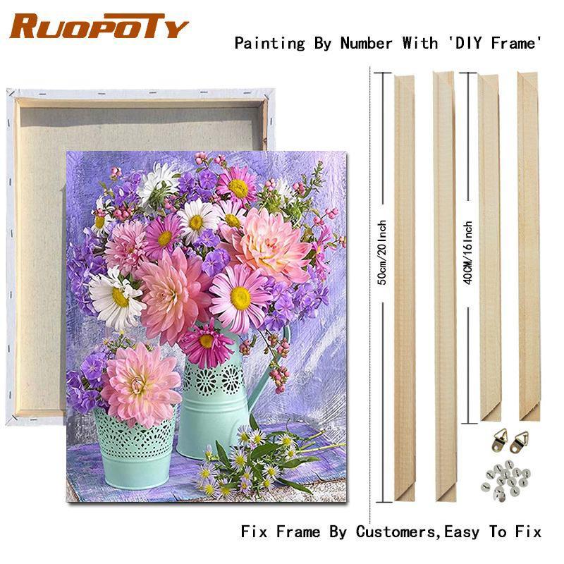 RUOPOTY DIY Frame Picture By Numbers Tower Wall Art On Canvas Acrylic Unique Gift Painting By Numbers Flower For Living Room