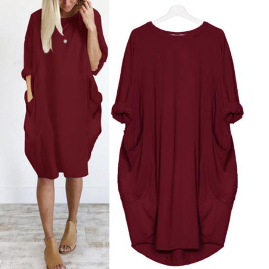 Fashion Lady Casual Solid Color Loose Round Neck Half Sleeve Pullover Midi