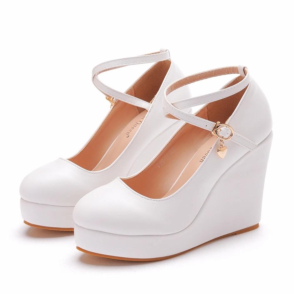 Fashion Crystal Queen White Platform Wedges Pumps Women High Heels Shoes Round Toe Cross Ankle-Strap Large Sizes