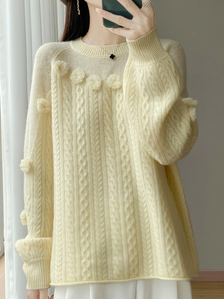 Pulover Croșetat Manual 100% Lână Pură pentru Femei, Gât Rotund, Umeri Căzuți, Mâneci Lanternă, Pulover Larg Versatil cu Model Floral Răsucit Tricotat