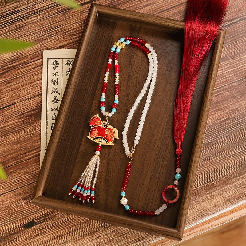 GEMCHIC Women s New Chinese Style Song Brocade Zodiac Horse Long Necklace Sweater Chain with Tassel Pendant
