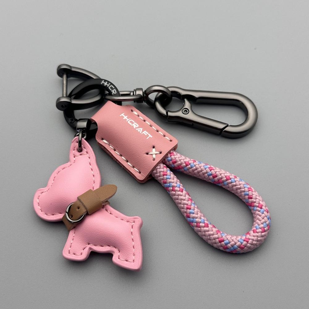 French Bulldog Keychain - Handmade Genuine Leather & Braided Rope, Anti-Loss Strap for Women Men, Car Key Organize Accessory