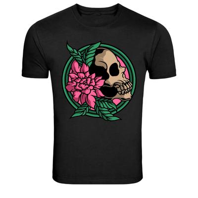 Totenkopf mit Blume Tattoo-Stil Grafik-T-Shirt