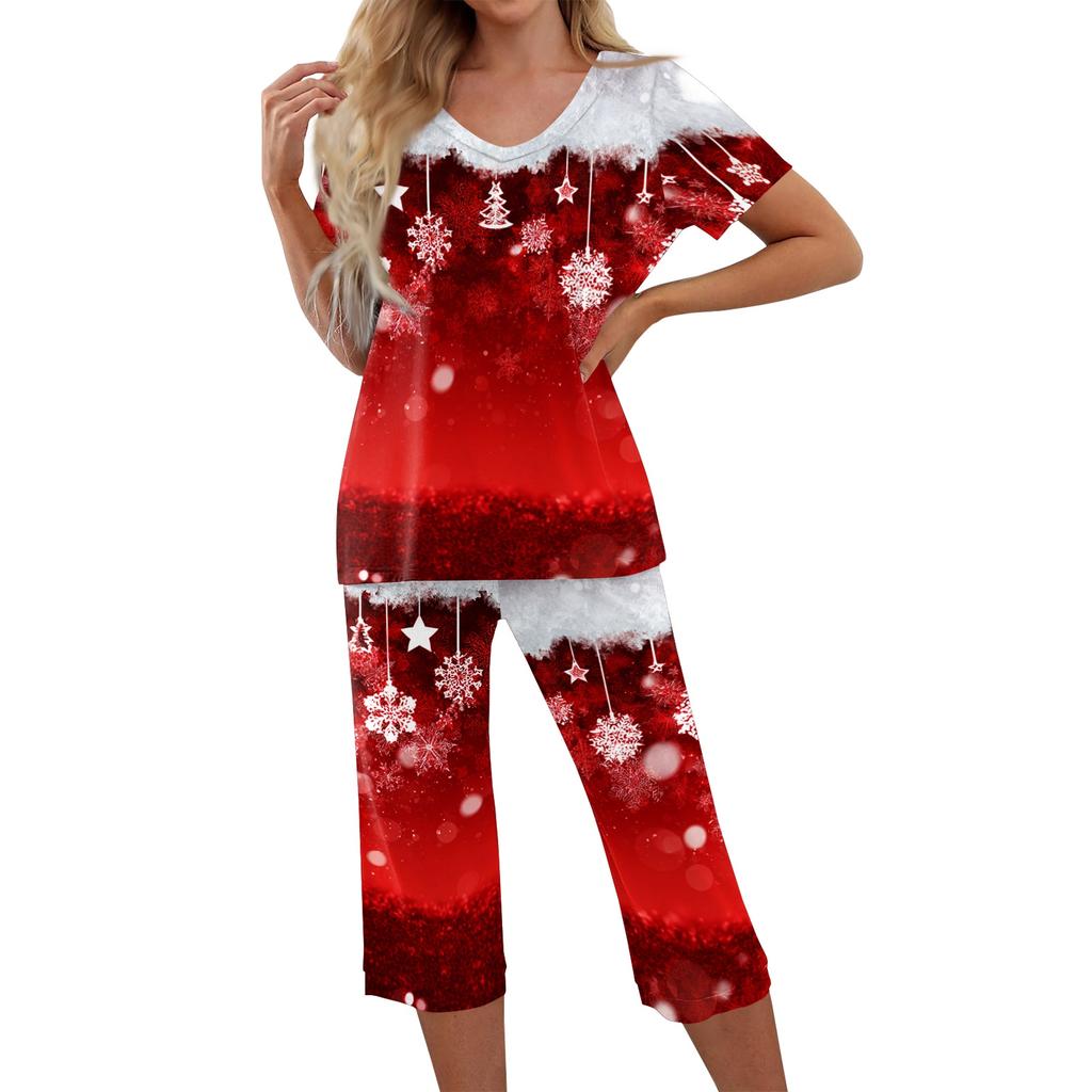 Women's Christmas Print Athletic 2 Piece Set Short Sleeve Top with Casual Pants
