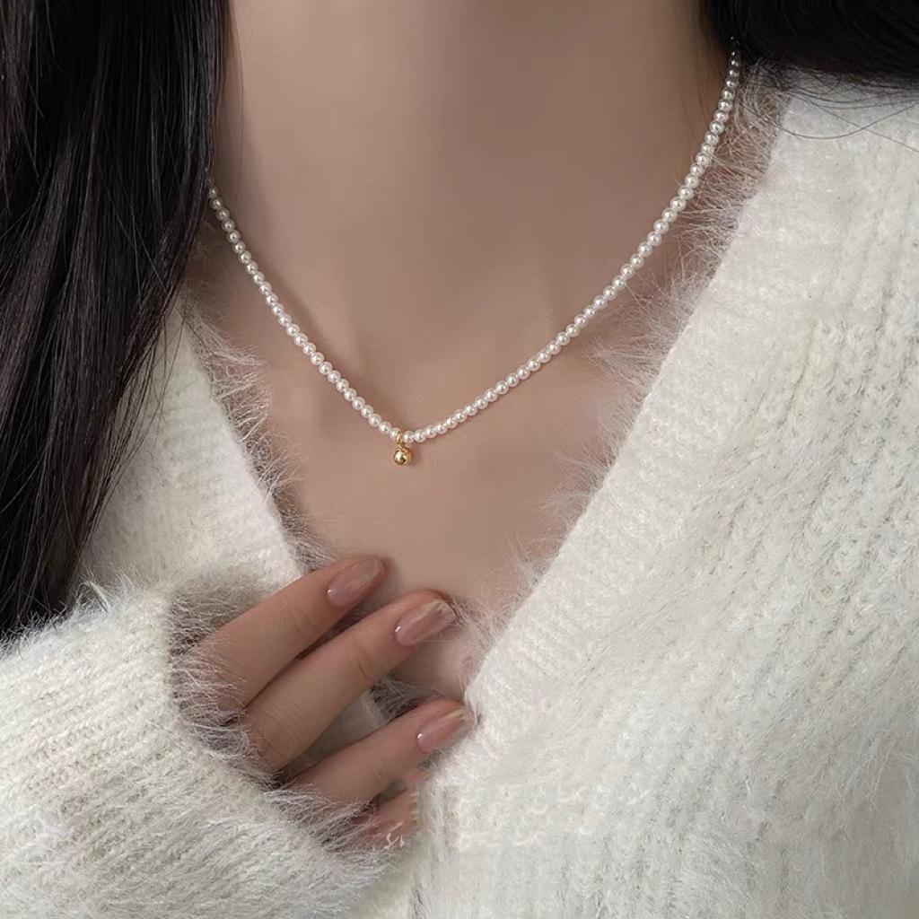 Real gold electroplated pearl beaded bow necklace niche versatile commuter collarbone chain fashion high-end jewelry women
