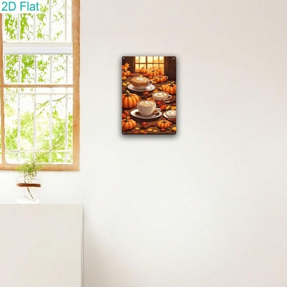 Retro Autumn Pumpkin Latte Tin Sign 8x12, Vintage Cafe Wall Art, Farmhouse Fall Kitchen Decor