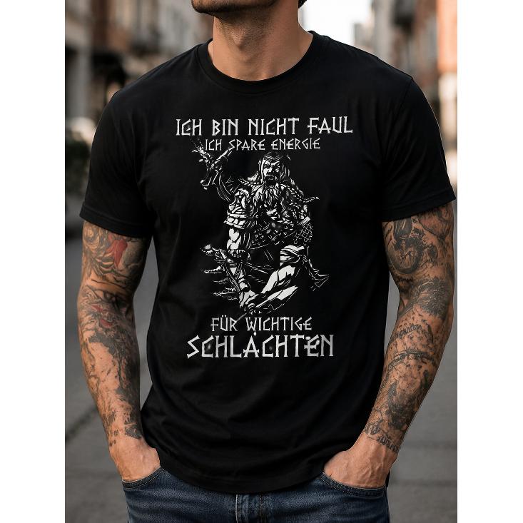 Men s Viking Warrior Graphic T-Shirt With German Quote Ich Bin Nicht Faul Funny Short Sleeve Crew Neck Cotton Tee For Casual Daily Wear S чёрный