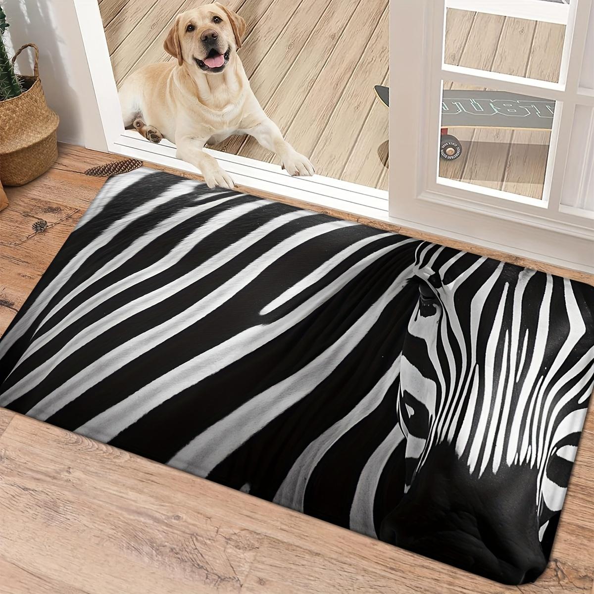 

Realistic Zebra Print Doormat Black White Striped Background Printed Polyester Machine Washable Entrance Floor Mat 40cm x 60cm
