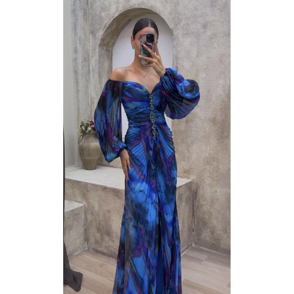 Women's Off Shoulder Long Sleeve Maxi Dress Flared Mid Waist Elegant Floral Print Evening Gown