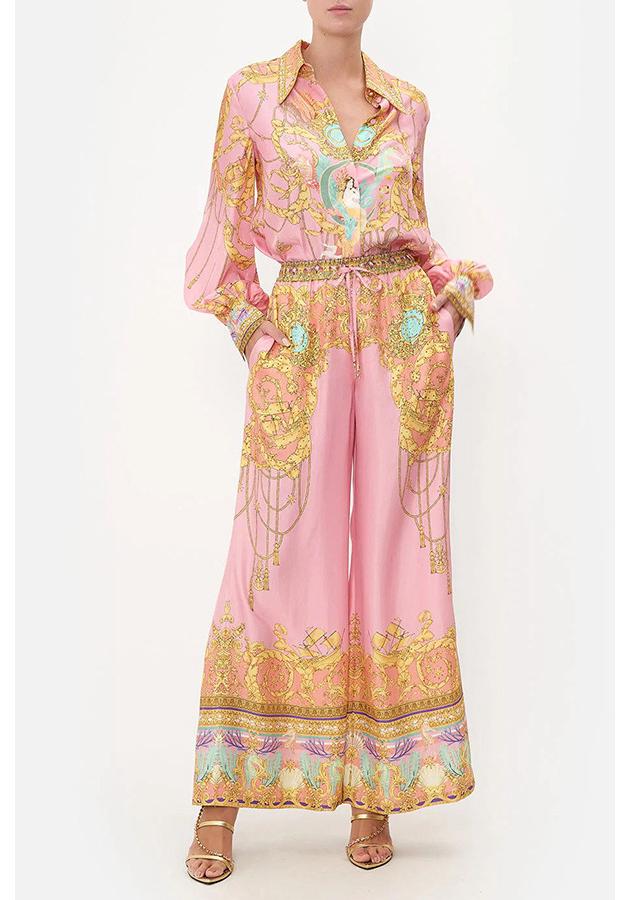 2024 Women s European & American Casual Pink Printed Two-Piece Set - Long-Sleeved Shirt & Trousers L