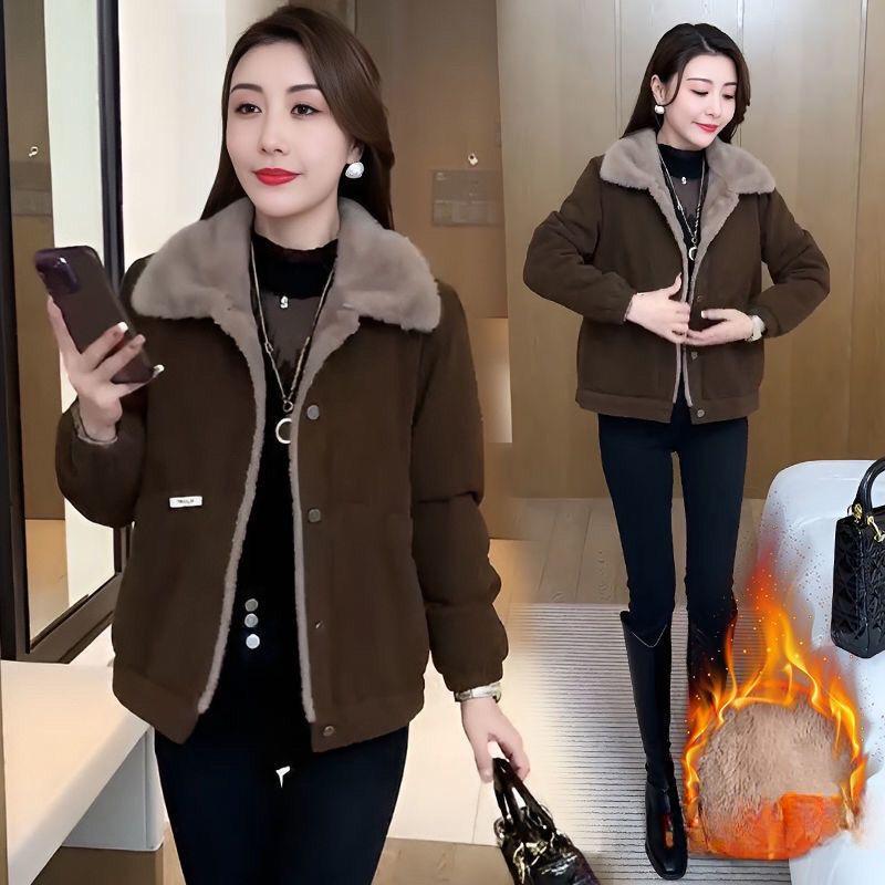 Zimní plyšová bunda Krátká Zesílená Manšestrová Teplá Aktualizovaný Styl Stylová Pohodlný Střih Malý Člověk Štíhlý a Univerzální Břicho