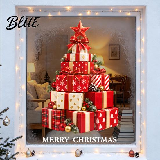 No Adhesive Christmas Stickers Stacked Gift Boxes Tree Window Cling Creative Static Sticker with Colorful Holiday Glass Decals Balls and Pine