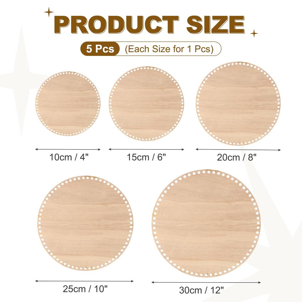 PATIKIL Round Crochet Wooden Basket Base for DIY Woven Basket Home Poplar Wood 5-Piece Set, 4"/6"/8"/10"/12" Diameter, Crafts, Making, Decor,