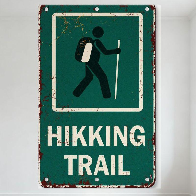 

Vintage Hiking Trail Metal Sign with Hiker Silhouette - Green Weathered Rustic Metal Tin Sign for Outdoor Camping Home Wall Deco 20x30cm（7.8x11.8inch）
