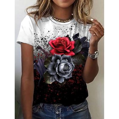 Damen 3D floral bedrucktes Freizeit-T-Shirt, Rundhals-Kurzarm-T-Shirt, modisches T-Shirt für Geburtstagsfeiern, Outdoor-Damen-T-Shirt