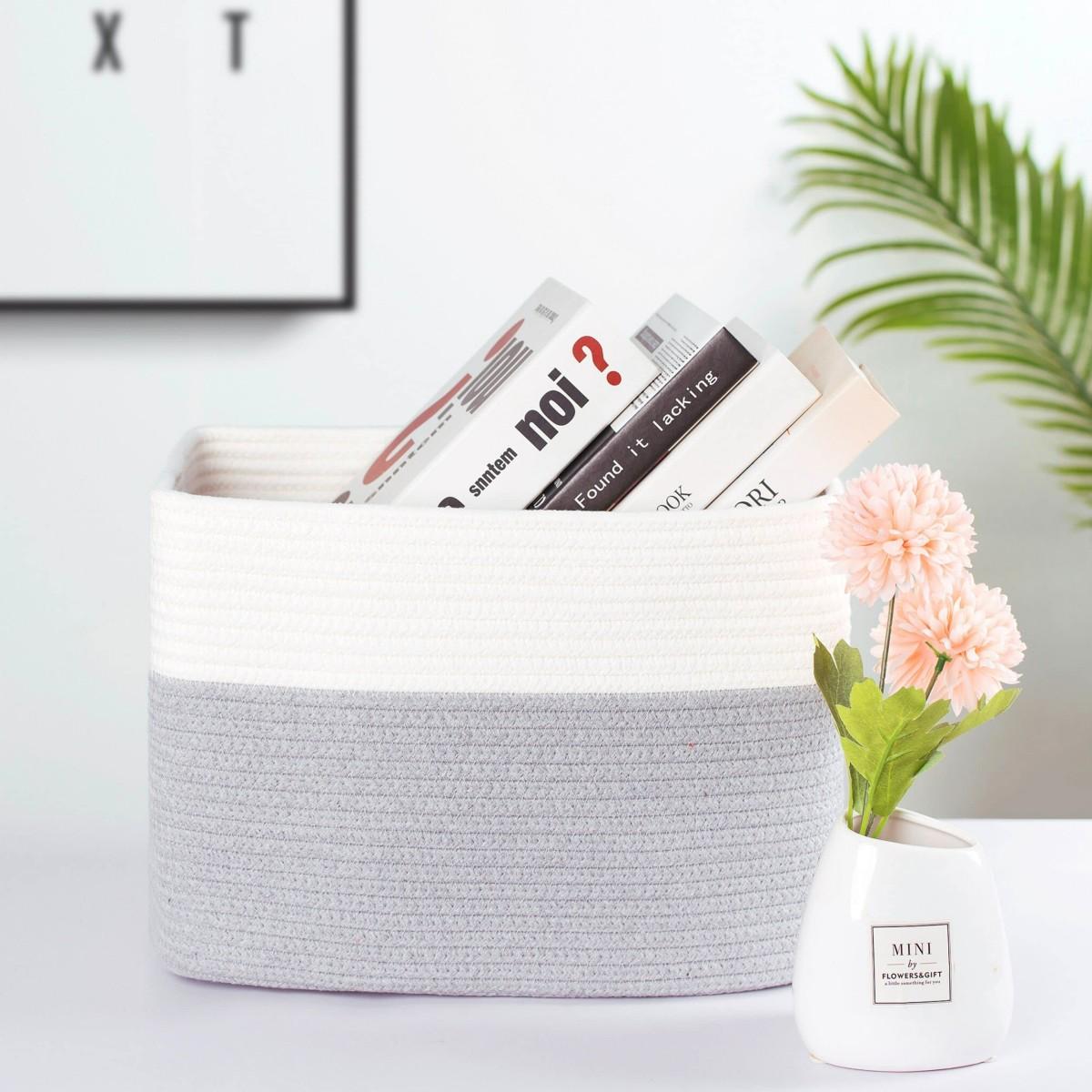 

AB-085 Cotton Rope Storage Basket for Toys Magazine Dual Handle Sundries Organizer Basket Black+Light Grey+Dark Grey