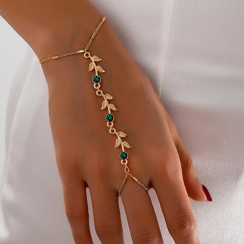 Personalized Green Zircon Leaves Tassel Chain Finger Bangle for Women Gold Color Geometry Knuckle Ring Bracelets Jewelry Gift