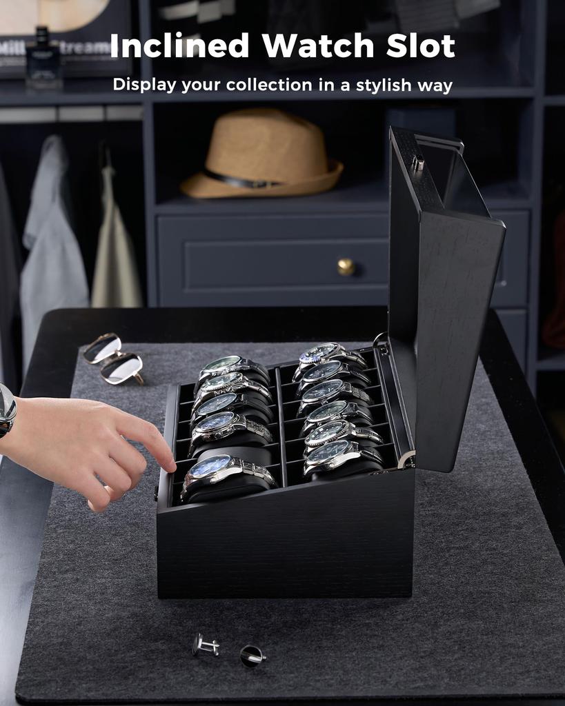 ProCase Wooden Watch Case, Holds 12 Watches, 2-Tier Watch Box, Jewelry Organizer for Men, Display Storage Case with Glass Lid - Black