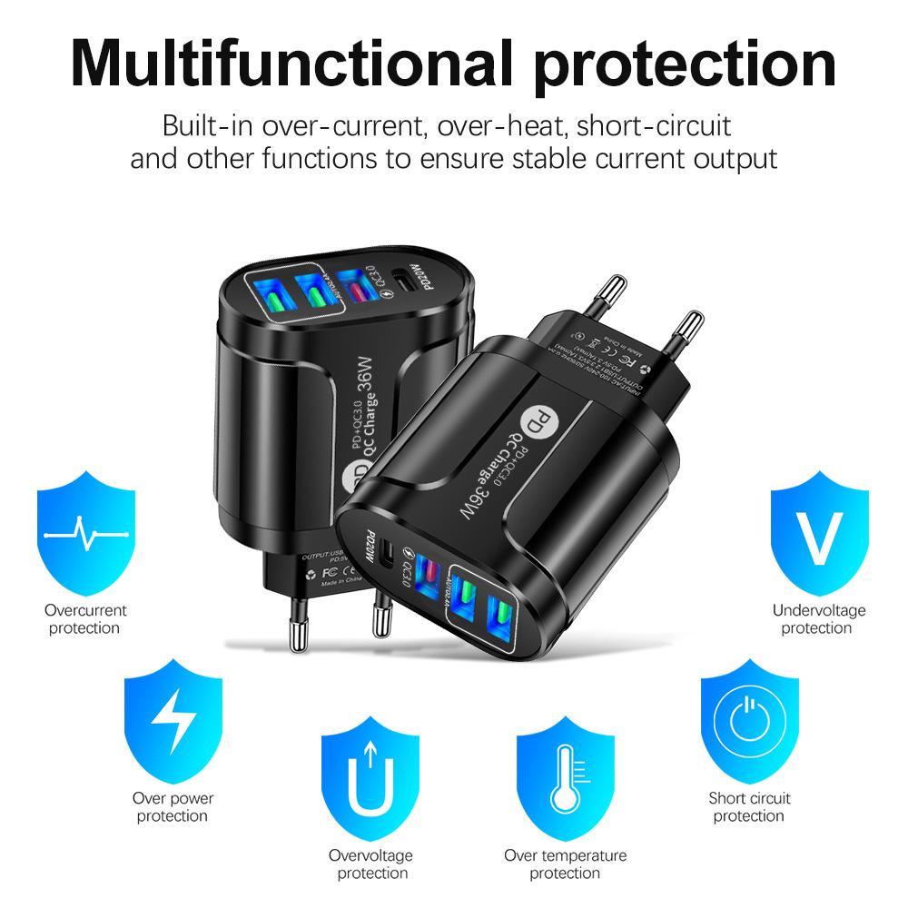 UKCA Certified 36W Fast Charger with PD+QC3.0, 2.4A, and 3 USB Ports for European/UK