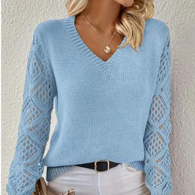 Hollow Out V Neck Pullover Sweater, Elegant Long Sleeve Knit Sweater, Women's Clothing