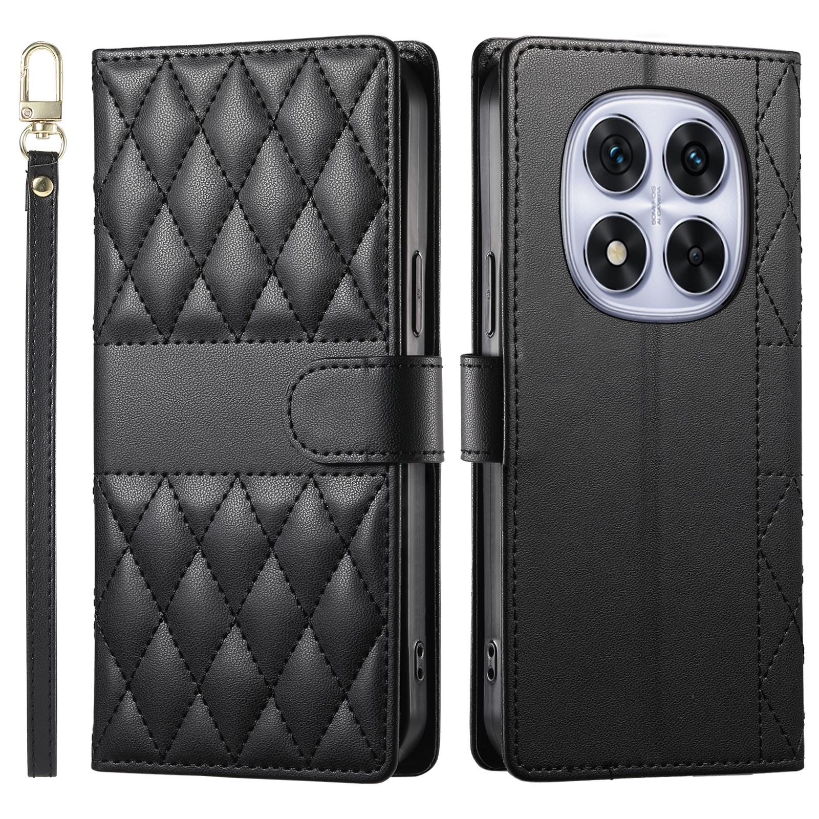 

For Xiaomi Redmi Note 14 Pro 4G Case Rhombus Stitching Wallet Stand Leather Phone Cover with Long/Short Strap Black