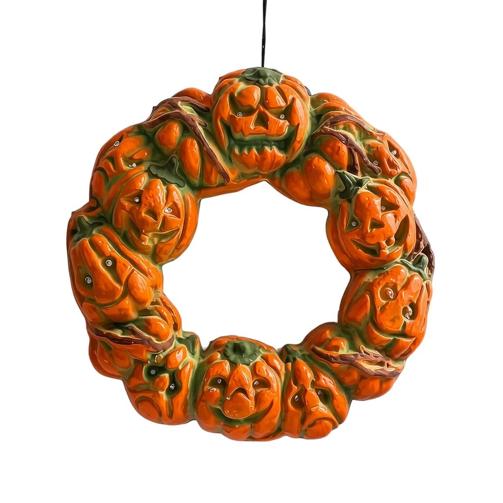 Halloween Skull Wreath Hanging Decoration with LED Light Up Eyes for Door Wall Indoor Outdoor Display Festival Party Decor
