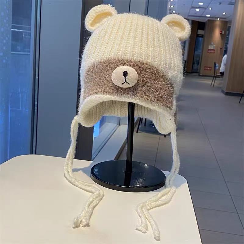 Cute bear ears straps wool hat female warm big head circumference showing face small knitted ear protector Lei Feng hat