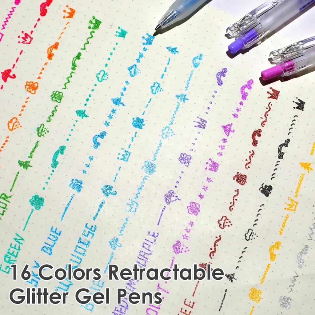 Glitter Gel Pens, 16 Colors Glitter Pens, 0.7mm Fine Tip Retractable Colored Sparkle Gel Pens for Adults Journaling Coloring