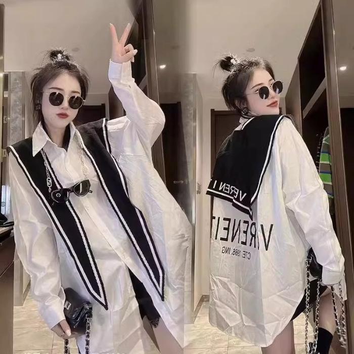 

Женская рубашка больших размеров с лоскутным узором, матросским воротником и длинными рукавами 2X-Large белый