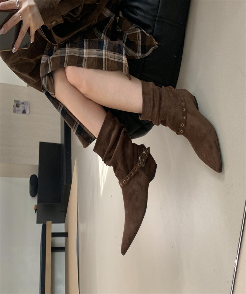 2025 autumn European and American pointed tall tube thin belt buckle knee knight boots western spice girl knight boots