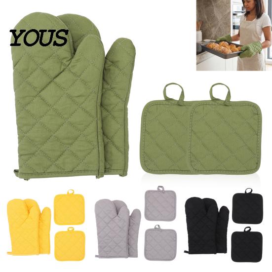 Heat Resistant Oven Mitts 4Pcs and Pot Holders Set, Cotton Kitchen Gadgets for Home Gloves, Quilted Insulated Mats Baking Cooking Accessories