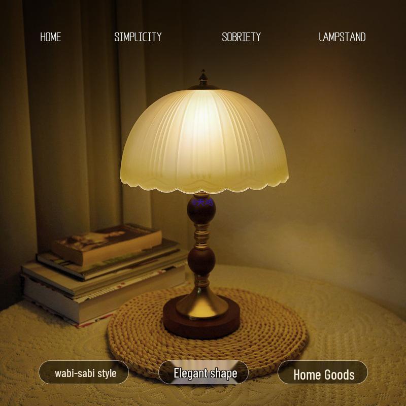 Wabi-Sabi Glass Table Lamp: Retro Solid Wood Bedside Lamp for Bedroom & Study, Light Luxury Night & Ambient Lighting.