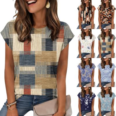 Women's Loose-Fit Fashionable Casual Vintage Print Cap-Sleeve T-Shirt Top