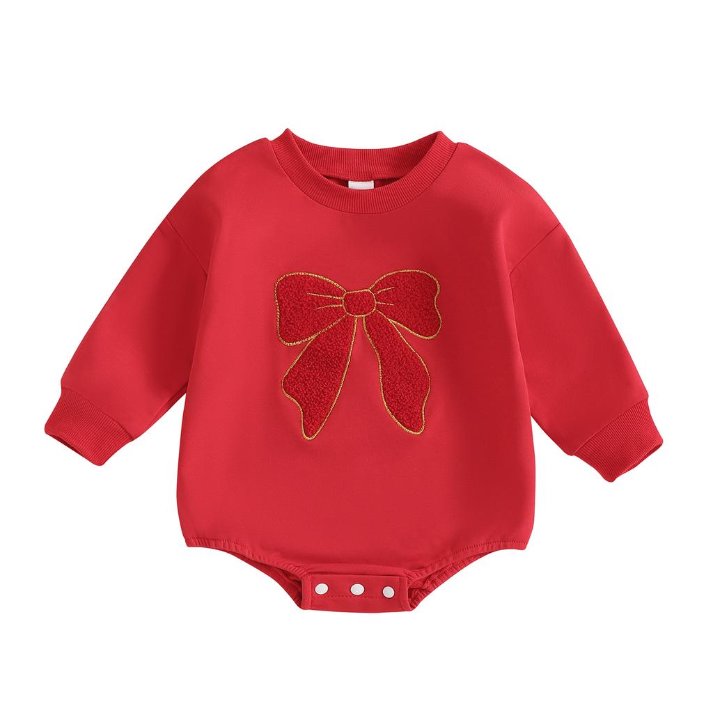 Baby Girl Fall Sweatshirt Romper Bow Embroidery Long Sleeve Crew Neck Bubble Jumpsuit 