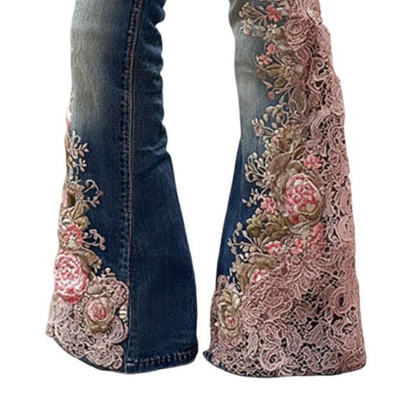 Bell Bottom Jeans for Women 3D Digital Floral Print Stretch Flared Jeans Mid Rise Retro Denim Pants with Pockets