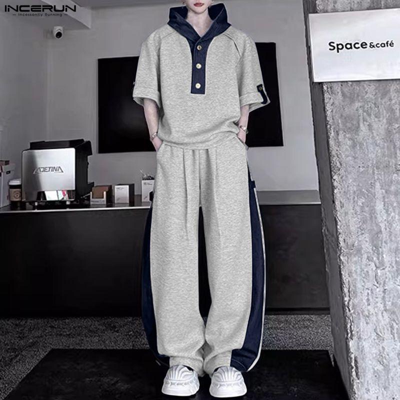 INCERUN Two Pieces Men Short Sleeve Splicing Hooded T-shirts Long Pants Sets