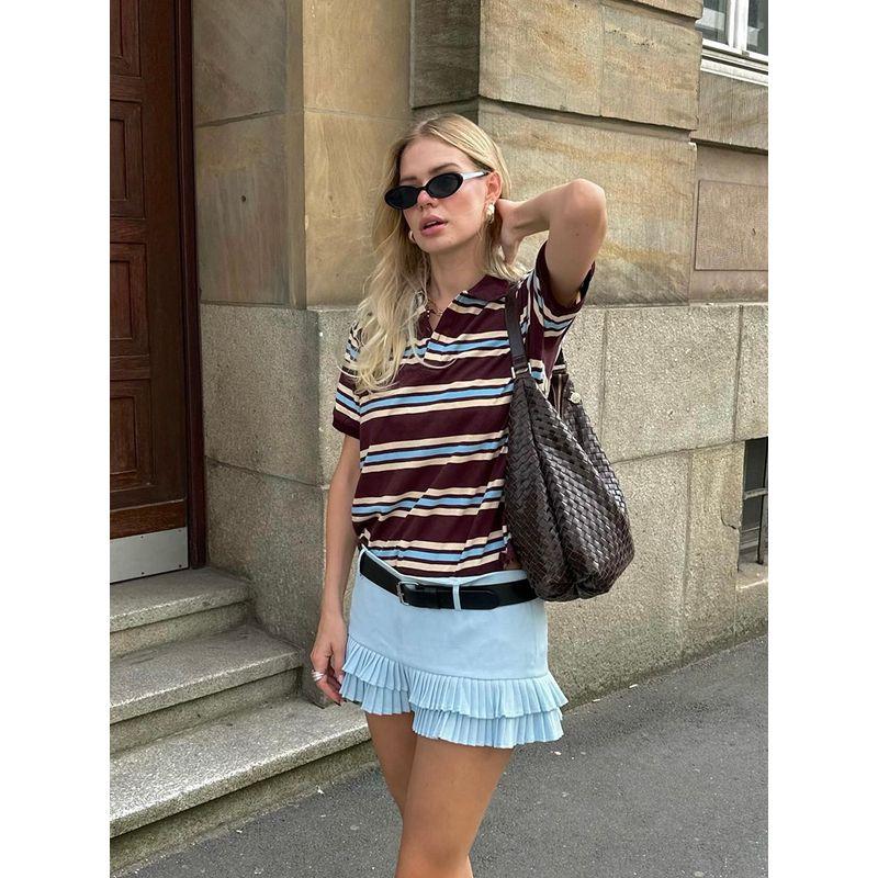 Lioness * American Girl Retro Style Polo Shirt Collar Contrast Color Stripes Short Sleeve Preppy Style Casual All-Matching Tops