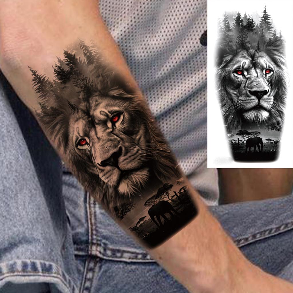 1 Sheet Wolf Lion Tiger Fake Temporary Tattoos For Man Women Adults Skull Black Warrior Tattoo Sticker Animals Sleeve