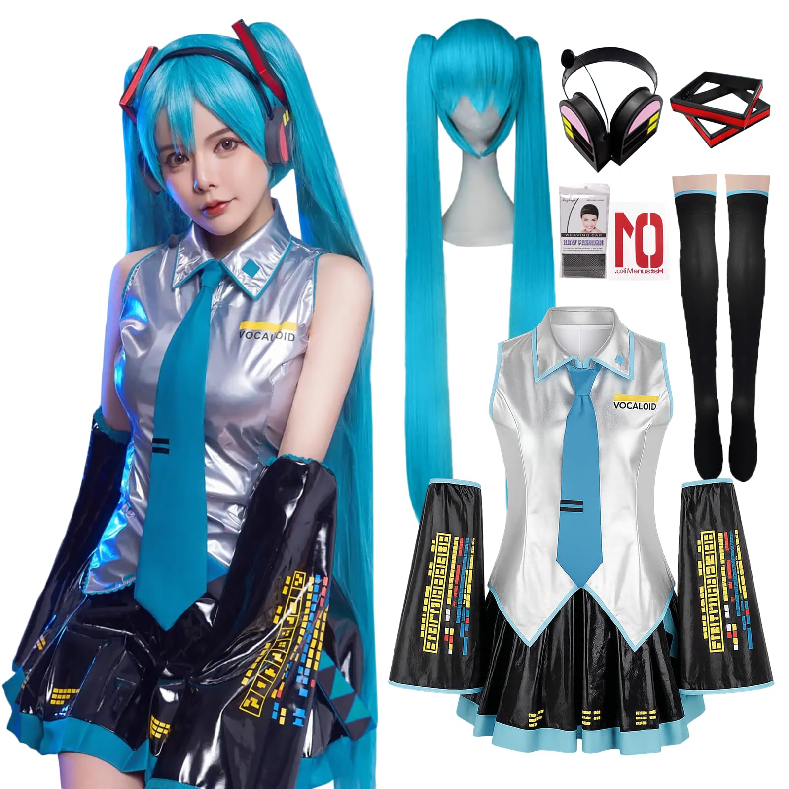 

[Milky Time] Hatsune Miku Cosplay Halloween VOCALOID Original Costume with Wig (Costume, Size M)
