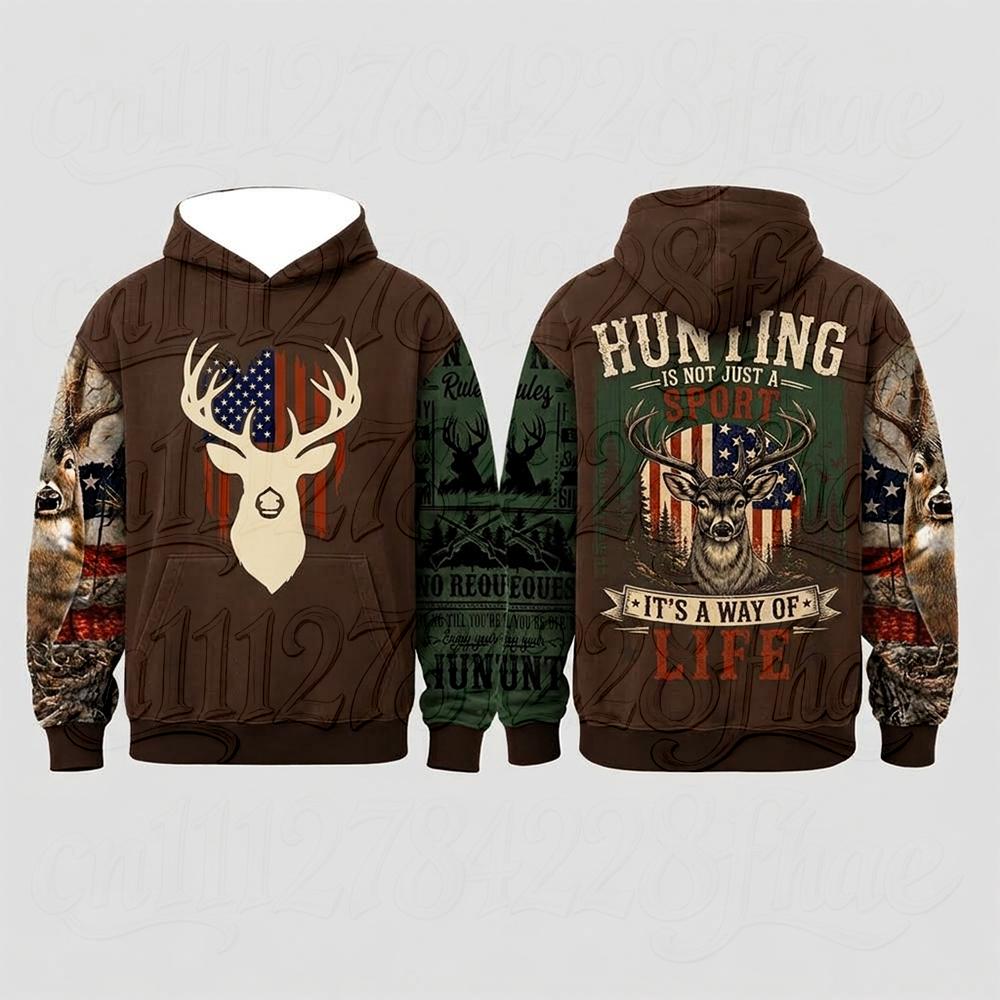 Vintage Camo Deer Hunting Print Parent-Child Long Sleeve Hoodie Casual Independence Day 4th of July Sweatshirt Tops Streetwear
