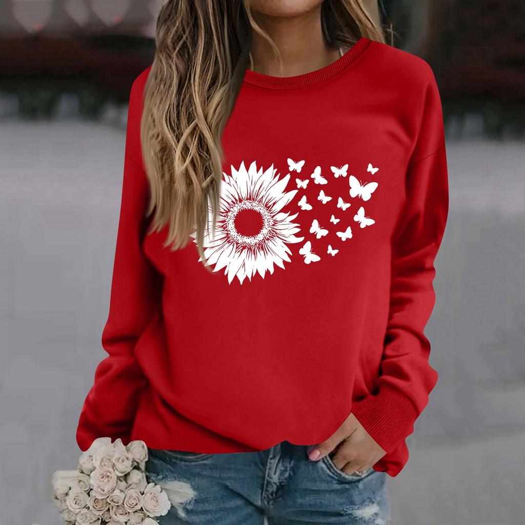 Women's Fashion Casual Long Sleeve Solid Color Printed Round Neck Top Sweatshirt