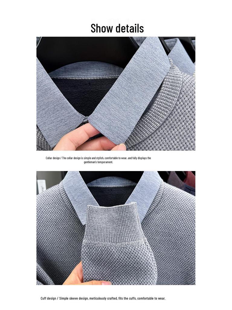 Men's Autumn/Winter Fleece-Lined Two-Piece Look Sweater with Business Shirt Collar