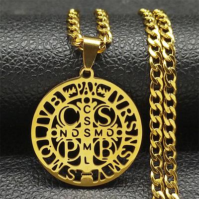 Collier Pendentif Médaille Saint Benoît CSPB pour Femmes/Hommes Acier Inoxydable Couleur Or Chaîne Croix de Jésus Bijoux collier N7437S02